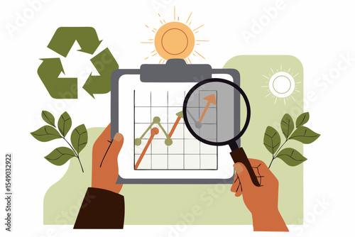 Sustainable Growth Analysis with Recycling and Renewable Energy Financial Charts and Magnifying Glass