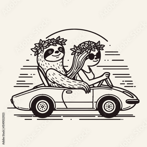 sloth couple wear flower crown drive retro sport car. Valentine Love Romance Cupid February Clipart Line Art Vector Illustration. Slow pair don floral headpiece ride old auto mobile.