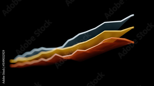 Colorful paper charts with upward trending lines on black background, representing growth, progress, and data analysis, evoke sense of achievement and optimism in economic or business contexts