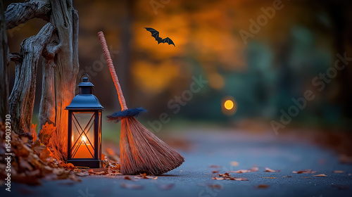Autumn evening with a lantern and broom in a tranquil setting
