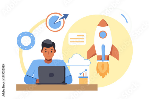 Startup Launch Man with Laptop and Rocket Illustration on Black Background