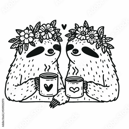 sloth couple wear flower crown Drinking tea together. Valentine Love Romance Cupid February Clipart Line Art Vector Illustration. Slow pair adorn garland sharing warm beverage during.