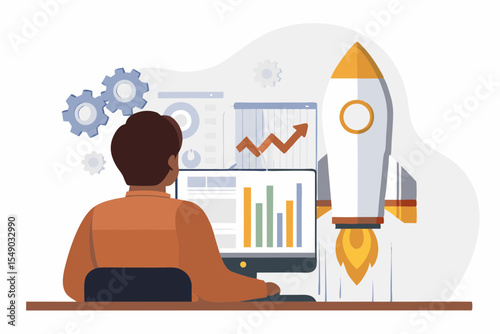 Man analyzing data for a successful startup company launch with rocket