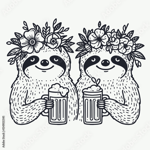 sloth couple wear flower crown drink beer. Valentine Love Romance Cupid February Clipart Line Art Vector Illustration. Slow duo adorned with blossom wreath enjoy ale beverage.