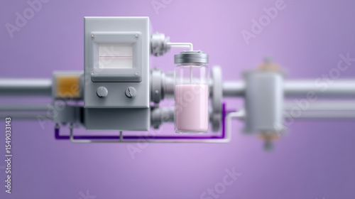 Close up of industrial automation system with gauges and control panel, tracking liquid flow manufacturing process, with purple background, emphasizing precision and technology industrial settings