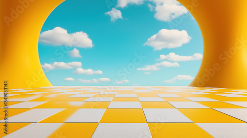 Bright geometric space with yellow and white checkered flooring