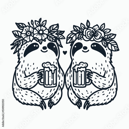 sloth couple wear flower crown drink beer. Valentine Love Romance Cupid February Clipart Line Art Vector Illustration. Laid-back pair don head decoration hold ale beverage.