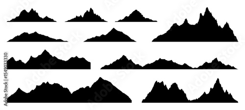 Black mountain silhouette set isolated on white background. Nature panorama line design. Outdoor activity and adventure concept.