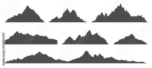 Dark mountain silhouette set on white background for outdoor adventure and nature concept. Simple graphic element for design.