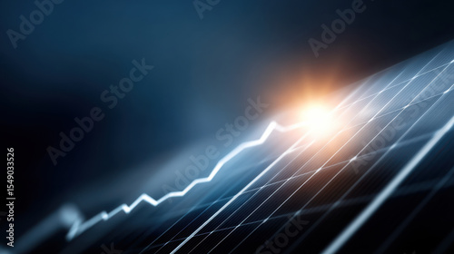Digital financial growth chart with rising trend line and solar panel background, symbolizing renewable energy investment and market progress, with bright light effect