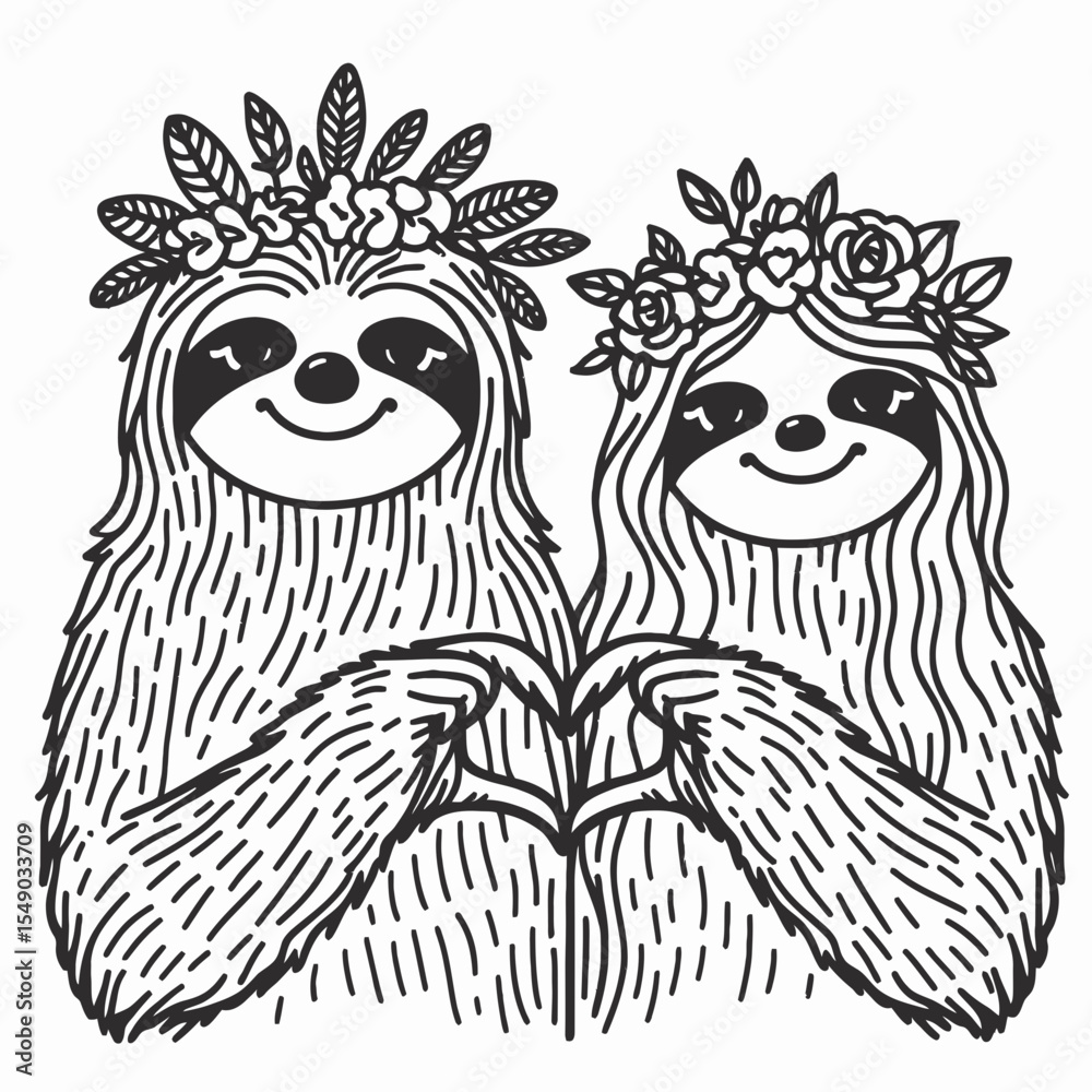 Fototapeta premium sloth couple wear flower crown Curve your hands inward to make a heart gesture. Valentine Love Romance Cupid February Clipart Line Art Vector Illustration. Loving pair of slow beast don.