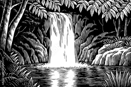 Tropical waterfall thundering into a jungle pool amid vibrant forest growth, a black and white sketch vector