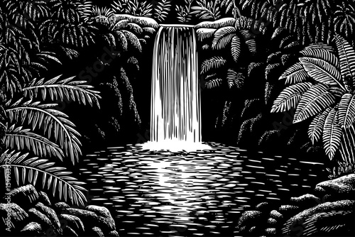 Tropical waterfall thundering into a jungle pool amid vibrant forest growth, a black and white sketch vector