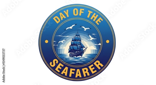 Day of the Seafarer Badge with Sailing Ship | Blue Nautical Emblem for Maritime Industry, International Holiday Awareness and Marine-Themed Designs