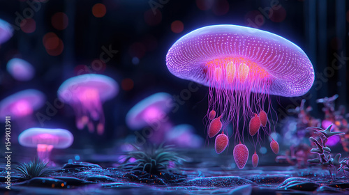 Vibrant jellyfish illuminated in a colorful underwater environment