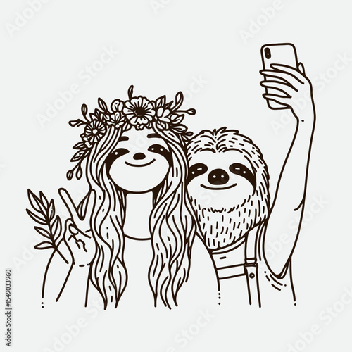 sloth couple wear flower crown Selfie. Valentine Love Romance Cupid February Clipart Line Art Vector Illustration. Slow duo with floral headband takes picture together affection celebration.