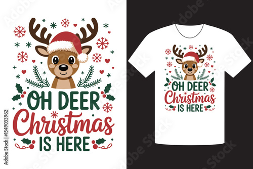 Festive TShirt Design Featuring Cartoon Deer with Santa Hat and Christmas Message