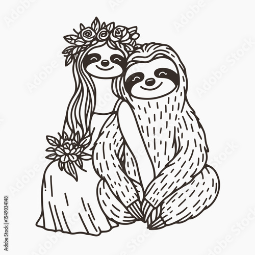 sloth couple wear flower crown close Holding Hands. Valentine Love Romance Cupid February Clipart Line Art Vector Illustration. Slow pair adorn floral headpiece intimate hand grip affection.