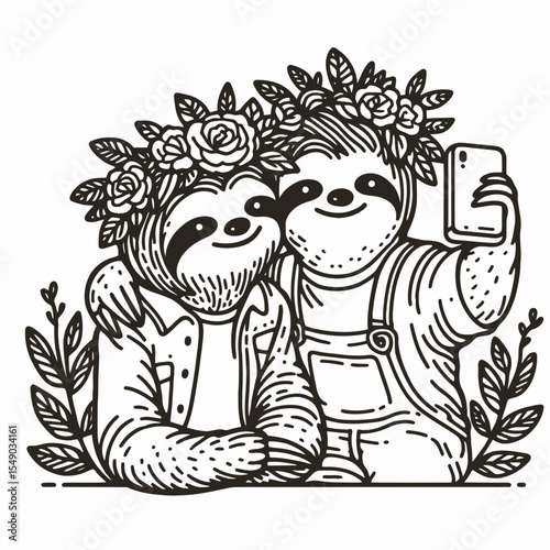 sloth couple wear flower crown Selfie. Valentine Love Romance Cupid February Clipart Line Art Vector Illustration. Cute slow animal duo adorn floral headband joint snapshot moment.