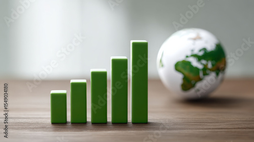 Green bar chart with increasing bars wooden surface, with globe background showing continents and oceans, symbolizing global growth and progress, with focus environmental or economic development
