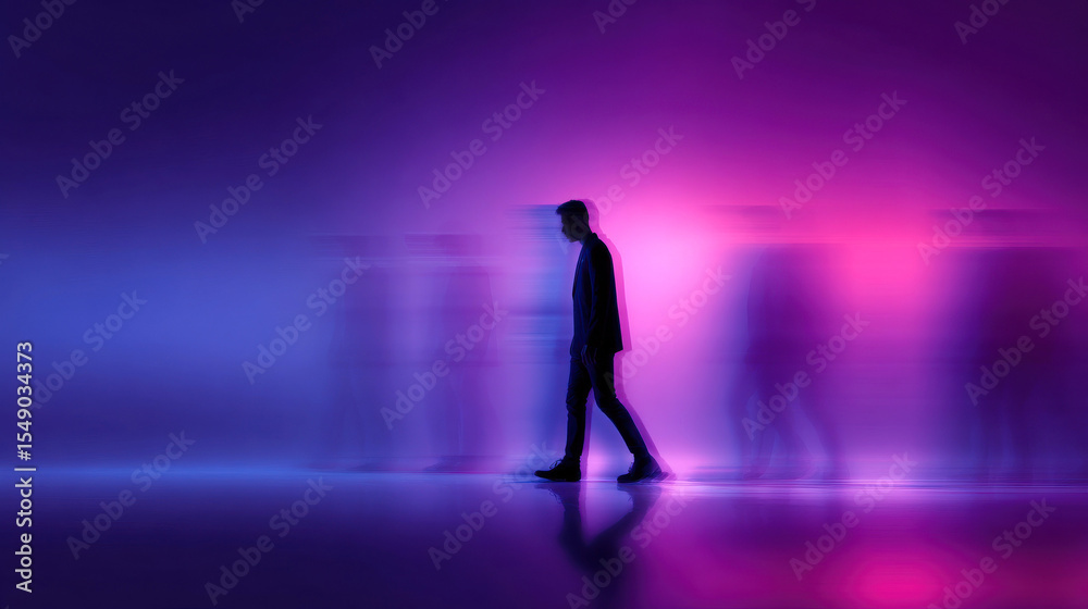 Fototapeta premium A man is walking in a purple room