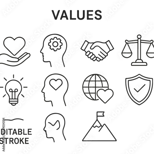 Core Values Editable Outline Icons Set for Design Projects