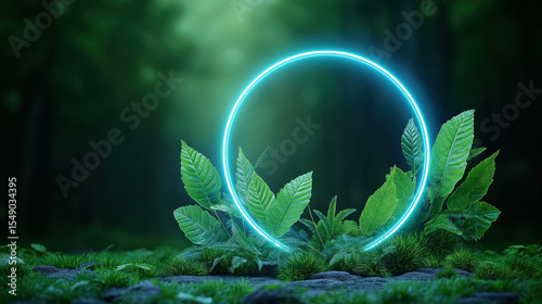 Vibrant circular light amidst lush green foliage in a serene forest