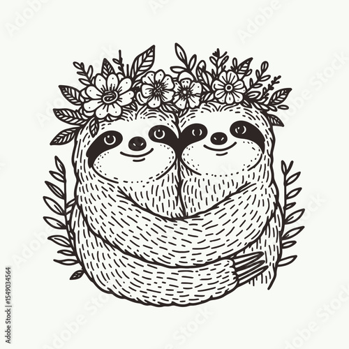 sloth couple wear flower crown Classic Embrace. Valentine Love Romance Cupid February Clipart Line Art Vector Illustration. Two slow mammals sharing floral headwear a regular hug.