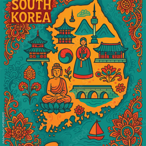 Discover South Korea A Vibrant Illustrated Map of Culture and Heritage