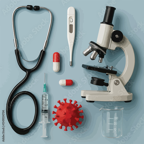Medical Tools and Virus Stethoscope, Thermometer, Microscope, and More