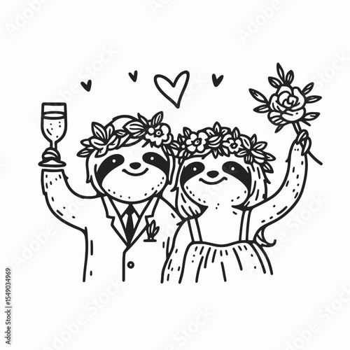 sloth couple wear flower crown Celebrating with a toast. Valentine Love Romance Cupid February Clipart Line Art Vector Illustration. Slow pair blossom halo making merry cheer.