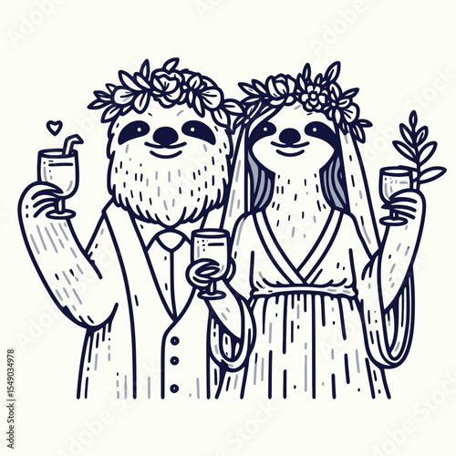sloth couple wear flower crown Celebrating with a toast. Valentine Love Romance Cupid February Clipart Line Art Vector Illustration. Slow animal pair in bloom wreath having fun drink cheer.