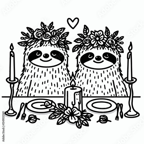 sloth couple wear flower crown Candlelit Dinner. Valentine Love Romance Cupid February Clipart Line Art Vector Illustration. Slow pair donning bloom garland romantic supper by taper light.