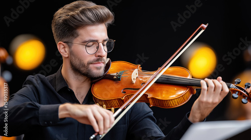Young musician performs passionately with violin on stage