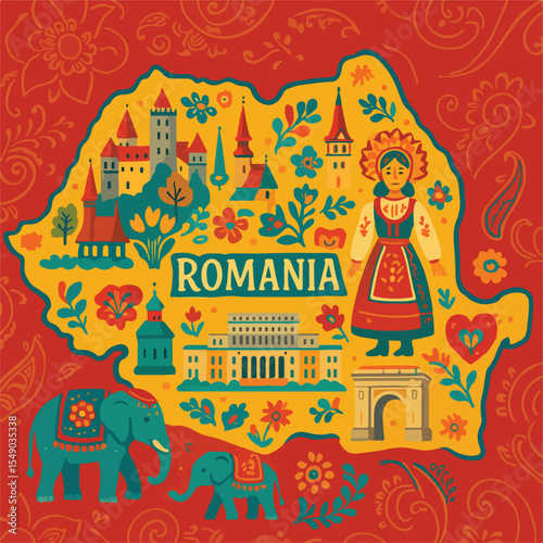Discover Romania A Stylized Map Illustrating Cultural Heritage and Landmarks