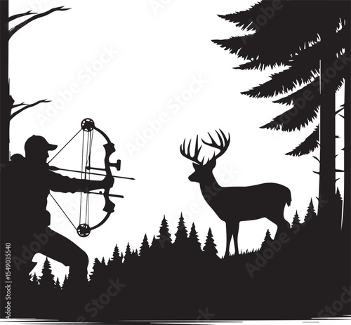 Bow Hunter Aiming at Deer Silhouette in Forest Landscape  Vector Illustration new 2025 trendy