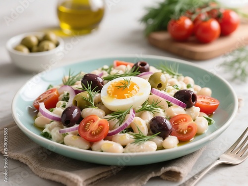 A vibrant and satisfying salad made with creamy white beans, tangy olives, jammy eggs, cherry tomatoes, and fresh dill finished with red onion and a zesty vinaigrette photo