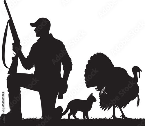 Turkey Hunter Silhouette: Kneeling Hunter with Rifle and Nearby Turkey.  Wild Game Art.new 2025 trendy