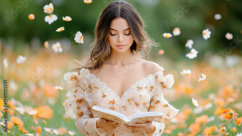 Woman reading in a flower field during a sunny day in spring