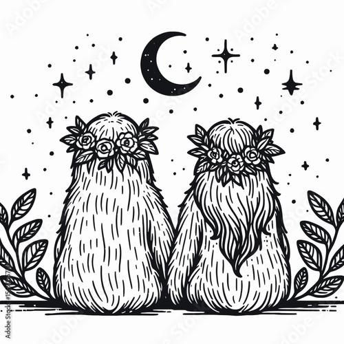 sloth couple wear flower crown back view Star gazing. Valentine Love Romance Cupid February Clipart Line Art Vector Illustration. Slow animal pair adorn bloom chaplet rear facade celestial.