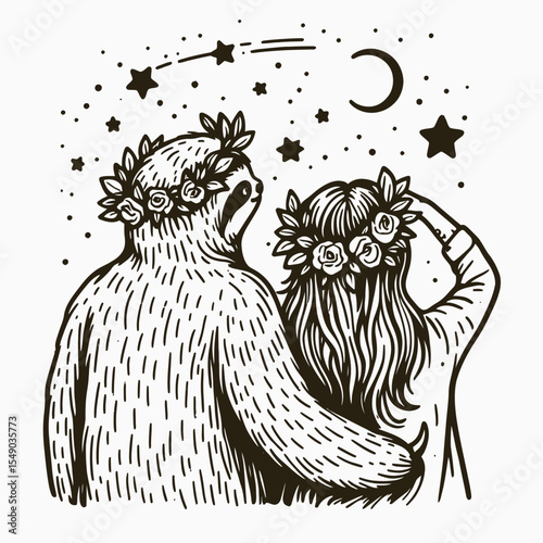 sloth couple wear flower crown back view Star gazing. Valentine Love Romance Cupid February Clipart Line Art Vector Illustration. Adorable animal pair in blossom headpiece rear sight.