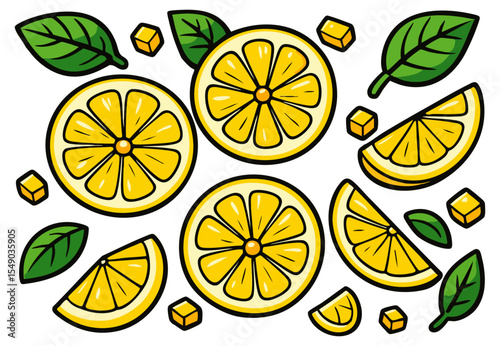 Lemon slices with ice cubes and mint leaves. Citrus chunks vector illustration. Organic fresh lemons cut. Ingredients for healthy lemonade, cocktails, detox water