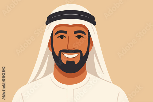Arabian businessman smiling man. Close up portrait of muslim person. Arab vector beard man in traditional white kandura