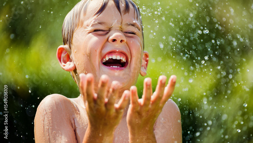 Happy young boy laughing with eyes closed, playing in the water splash outdoor. Joyful childhood moment in summer.