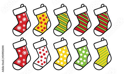 Ten christmas stockings with festive patterns