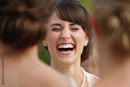 Joyful woman laughing heartily with eyes closed, surrounded by blurry figures. Evokes happiness, celebration, and genuine emotion, possibly at a wedding or special event.