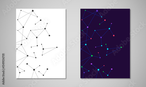 Vector template for brochure or cover with molecular structure background and connected lines and dots. Medicine, science and digital technology concept