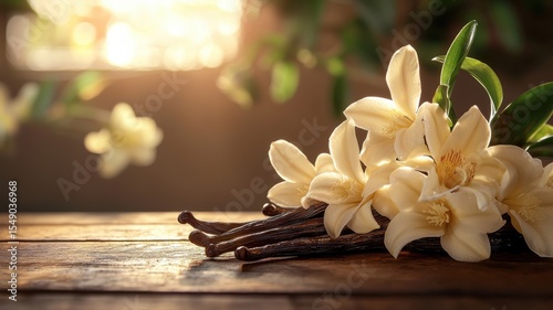 Vanilla Beans and Orchid Flowers on Rustic Wood Table vanilla wood vanilla beans vanilla pods spice