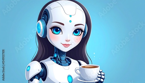 Female Robot Enjoying Coffee.