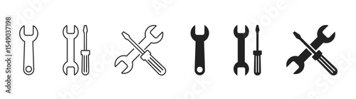Tools and service icons set. Repair tools icon set including wrench, gear, screwdriver. Editable stroke. Vector
